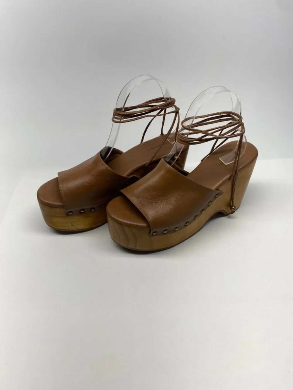 Free People Womens Front Row Wrap Clogs Luggage Leather Brown Platform Wedge 9.5
